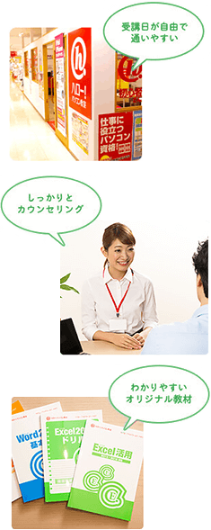 「受講日が自由で通いやすい」「しっかりとカウンセリング」「わかりやすいオリジナル教材」